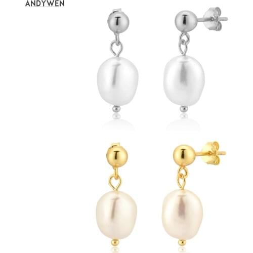 ANDYWEN 100% 925 Sterling Silver Pearl Drop Earring Piercing Luxury Fashion Fine Jewelry 2020 Rock Punk Jewels Wedding Simple