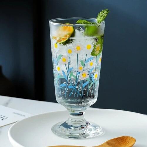Creative Transparent Glass Lovely Hand-painted Flowers Goblet Ice Cream Cup Household Milk Water Cup Glass Dessert Breakfast Cup