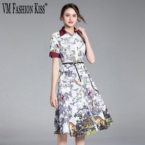 VM FASHION KISS 2021 Summer New Jungle Print POLO Collar Short Sleeve A-Line Skirt Over The Knee Office Lady Women Dress Clothes