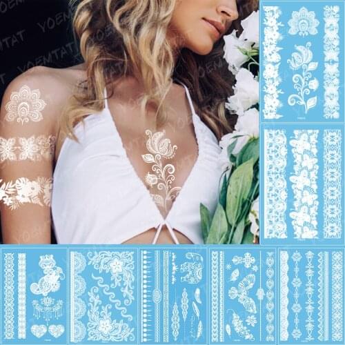 Temporary waterproof Indian Arabic Lace Flash Tribal Wedding Bride White Tattoo Paste Fake Tatoo Sticker Girls On Body Art Hand