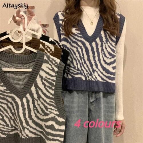Zebra Striped Sweater Vest Women V-neck Korean Style Elegant Streetwear Knitting Spring All-match Warm Female Crop Slim Knitwear