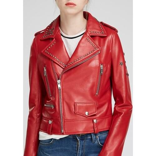 Womens Natural Leather Jacket Casual Genuine Sheepskin Coats Red Color Spring Outwear Female