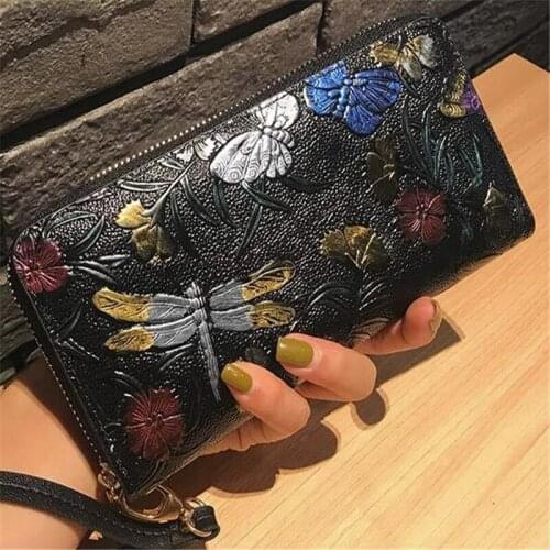 Womens Long Wallet PU Leather 3D Embossing Rose Dragonfly Butterfly Clutch Women Bag Large Capability Zipper luxury Hangbags