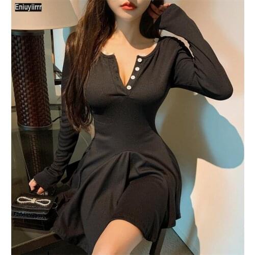 Women Autumn Spring Basic Wear Sexy Party New Year Date Christmas Gift Elegant Cute Little Black Ruffled T Shirt Dress