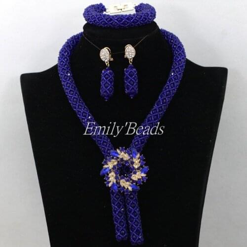2016 Popular Royal Blue Costume African Jewelry Sets Nigerian Beads Wedding Bridal Necklace Jewelry Set Free Shipping AIJ630