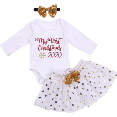 2021 Newborn Baby Girl Clothing Cotton Bodysuit Tops Polka Dot Tutu Skirt Headband Xmas My 1st Christmas Set