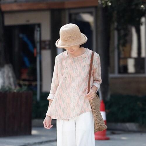 Women Spring Autumn Thin Ramie Print Shirt Tops Ladies Vintage Ramie Printed Retro Blouse Female 2020 Ramie Shirts