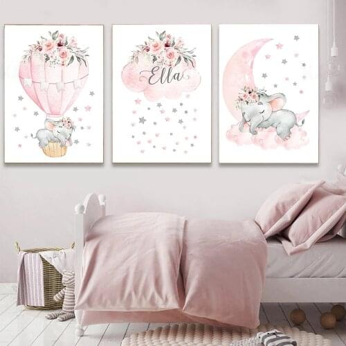 Custom Name Canvas Painting Nursery Art Print Pink Elephant Paintings Flowers Poster Nordic Wall Pictures Girls Bedroom Decor