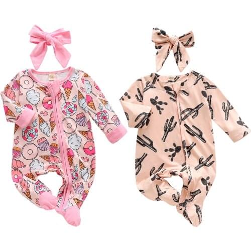 2020 Infant Baby Girls Boys Clothing Long Sleeve Zipper Cactus Print Footies Jumpsuits + Headband Toddler Christmas Clothes 0-6M