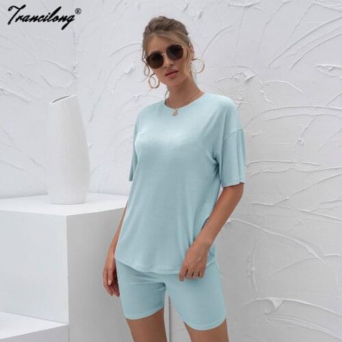 Women Home Lounge Wear Shorts Sweat Suits Bule Cotton Solid Casual Sports Jogging Two Piece Set Chandal Mujer 2 Piezas Tracksuit