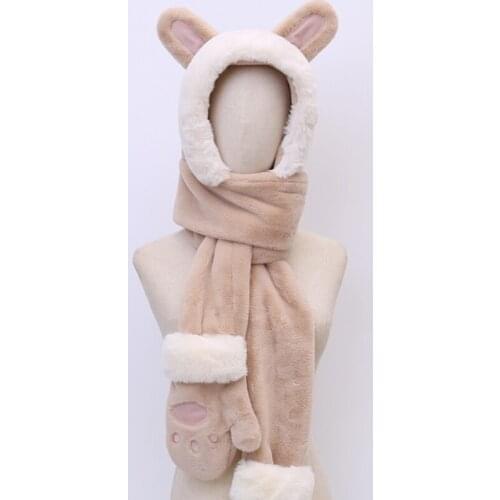 Sweet Rabbit Ear Hat 3 in 1 Furry Hoodies Hat Scarf & Paw Gloves Set Bunny Headband Cap for Teen Girls Windproof Combo