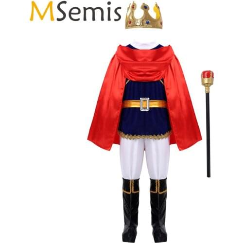 MSemis Halloween Cosplay Costume for Kids Boys Medieval Prince Tops with Pants Belt Cape Headband Truncheon Shoe Covers Set