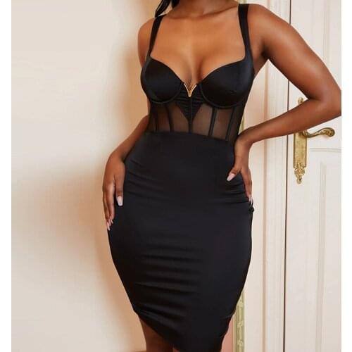 Summer Bodycon Dress Sleeveless V Neck Women Sexy Mesh Splicing Elegant Short Party Dresses