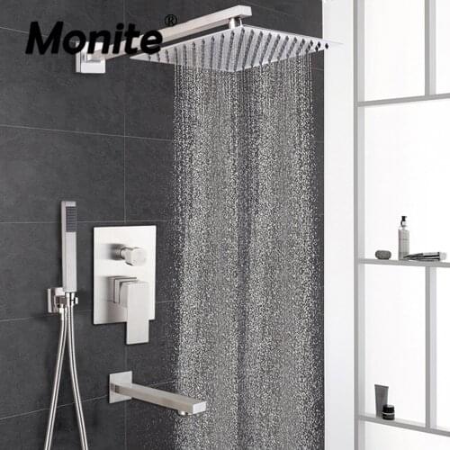 Monite 10 Inch Brushed Nickel Rainfall Bathroom Shower Set Wall Mounted Solid Brass Ultrl-thin Square Shower Head Hand Faucet