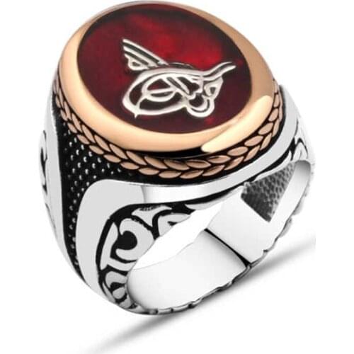 Red Enamel Monogram Sterling Silver Men 'S Ring