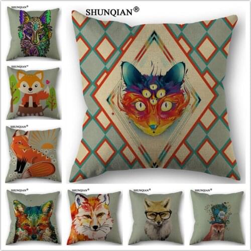 Linen Cotton fox painting art Pillow Cover Custom Print Home Decorative Throw Pillows Cases 45x45cm one side WJY4143