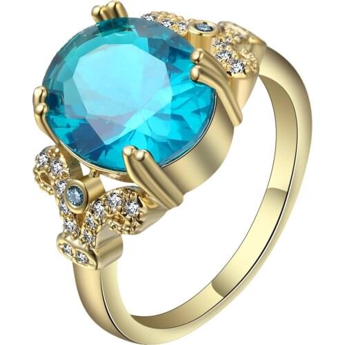New Trendy Ocean Blue Cubic Zirconia Claw Bead Design Ring Female Gold Color Luxury Wedding Bands Engagement Ring For Women