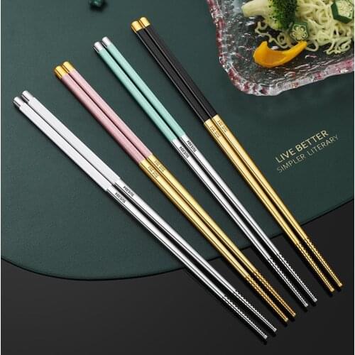2 pairs Chinese style 304 stainless steel chopsticks round square chopsticks tableware