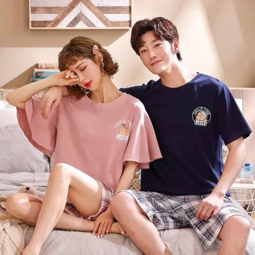 Couples Pajamas Set Summer Short-Sleeved Cotton Thin Large Size Sleepwear Funny Cartoon Men and Women Two Piece Suit Homewear