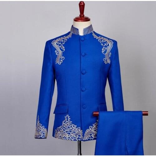 Singer star style dance stage clothing for men groom suit set with pants mens Chinese tunic suit stand collar formal dress blue