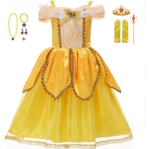 Princess Belle Dress Girls Dresses Girl Kids Floral Ball Gown Child Cosplay Bella Beauty and The Beast Costume Fancy Party Dress