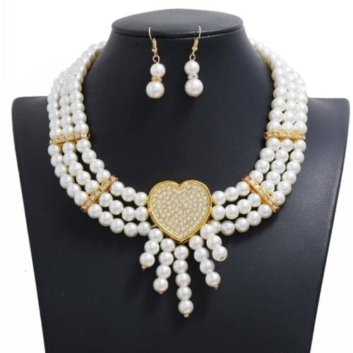 Romantic Light Yellow Gold Color Imitation Pearl Pendant Love Heart with Rhinestone Necklace Earrings for Women Jewelry Sets