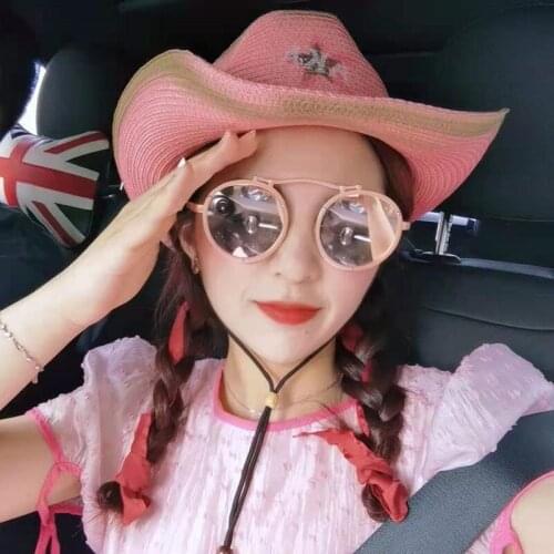 Sun hats women summer spring wide brim gradient color belt band straw hats derby pink star print hip hop sun hats sombrero playa
