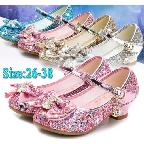 Princess Kids Leather Shoes for Girls Flower Casual Glitter Children High Heel 2020 Girls Shoes Butterfly Knot Blue Pink Silver