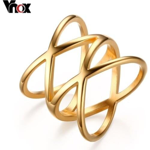 Vnox Double Cross Ring Trendy Ring Gold-color Women Rings Fashion Jewelry Stainless Steel Party Rings