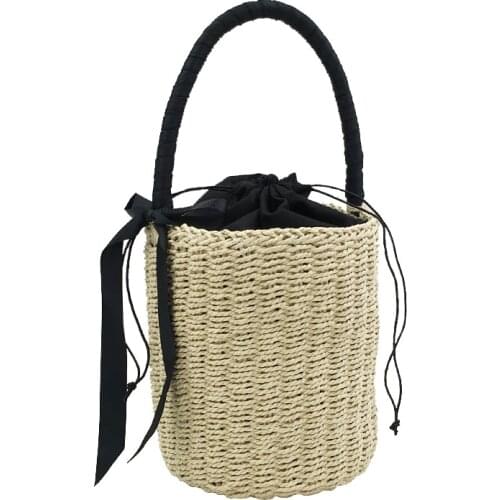 Handmade Womens Handbag Bucket Straw Bag Female Summer Beach Bags Bohemia Woven Bow Top-handle Tote Knitted Drawstring Basket