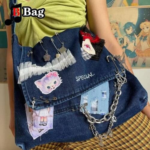 Gothic Lolita Women shoulder bag Denim Splicing retro Messenger Bag Y2K Girl shoulder Bag female metal chain Handbag Satchel bag