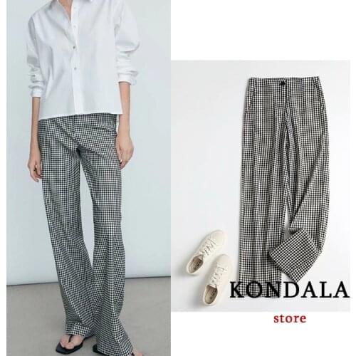 KONDALA Za 2021 Office Lady Plaid Long Pants High Waist Wide Leg Pockets Vintage Trousers Elegant Mujer Pants