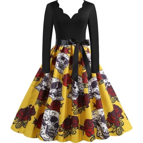 Women Lace V-neck Dresses Vintage Dresses Long Sleeve Halloween Dresses Bow Belt Large Skirt Ruffled Hem Dress Kleider Damen #G3