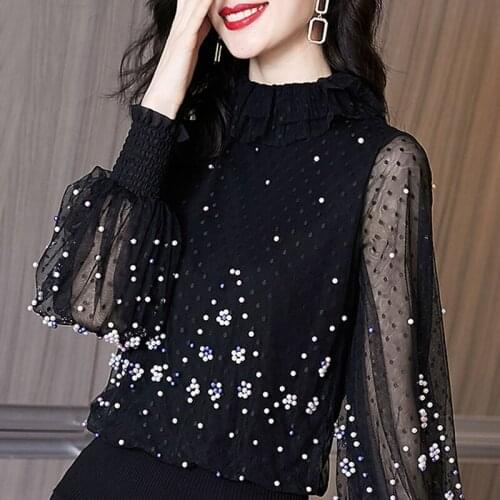 Long Sleeve Beading Stand Collar Blouse Wave Point Black Blouse Shirt Blouse Women Blusas Mujer De Moda 2021 Women Blouses E180