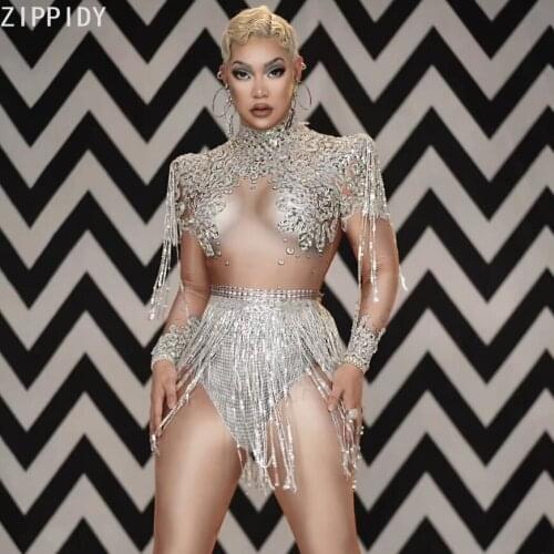 Flashing Silver Sequin Fringe Rhinestone Spandex Bodysuit Women Dancer Show Wear High-neck Outfit Prom Birthday Wear