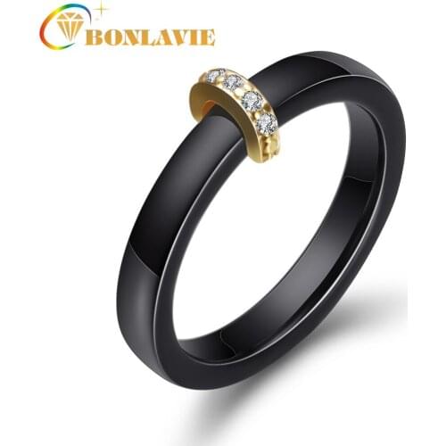 BONLAVIE Ceramic Micro-inlaid Zircon Black and White Couple Semicircle Golden Metal Ring Men Women Anniversary Engagement Ring