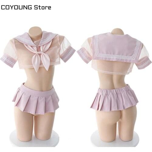 COYOUNG Store Anime Girls Cosplay Costume Cute & Sexy Pink Sailor Uniform School Dress Mini Skirt Mesh Perspective Lingerie Set