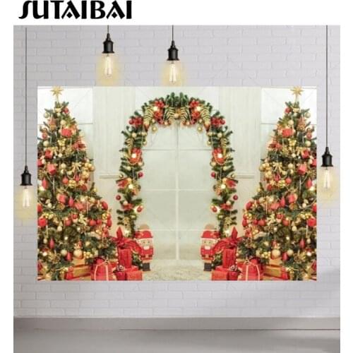 Christmas Happy New Year Celebration Backdrop Kids Christmas Trees Windows Gifts Flowers Wreath Arch Background Photo Shoot