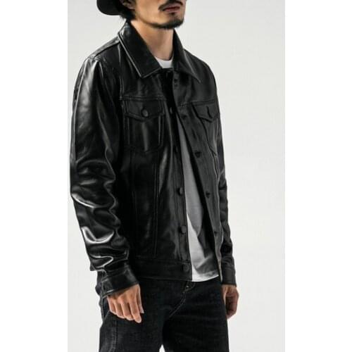 Brand Mens Genuine Leather Sheepskin Jacket High Street Vintage Single Breasted Outerwear Fashion Black Moto Biker Short Coat