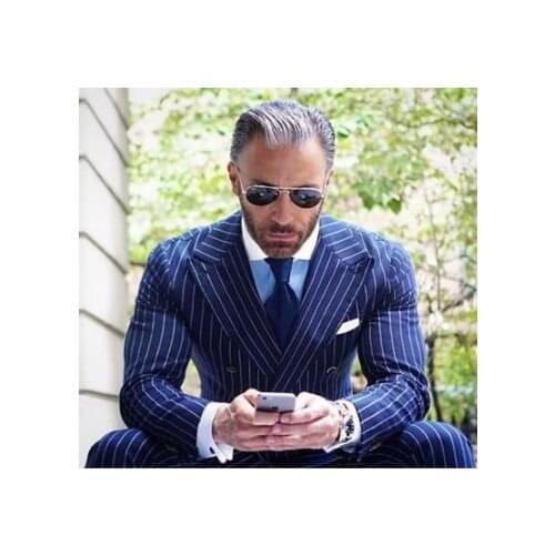 Custom Made Blue Stripe Mens Suit Prom Suits 2Pieces(Jacket+Pant+Tie) Latest Design Groom Tuxedos Wedding Slim Fit Men Suit