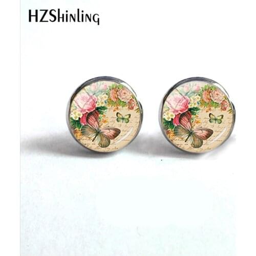 New Glamour Butterfly Jewelry Glass Dome Stud Earrings Vintage Butterflies and Flowers Jewelry Earrings Lovely Gift for Girls