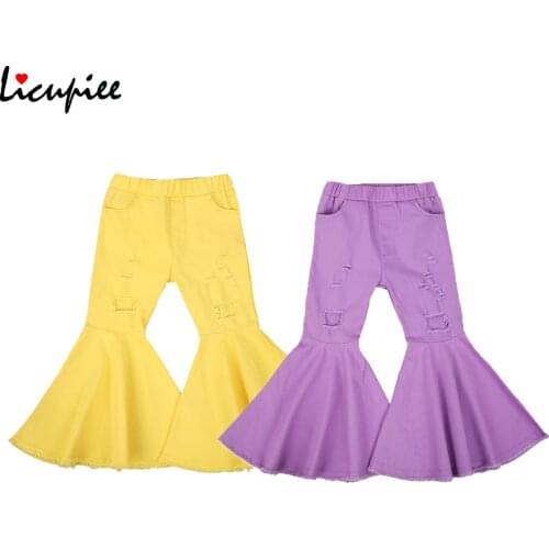 Solid Flare Pants Kids Girl Pants, Ruffle Trousers, Solid Color Ripped Hole Keep Warm Winter Fall High Waist Clothes 2-7 Years