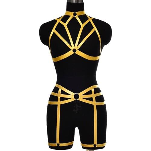 Distinctive Women Goth Harness Bra Bodysuit Body Harness Adjustable Bondage Stockings Leg Garter Belt Sexy Lingerie Set