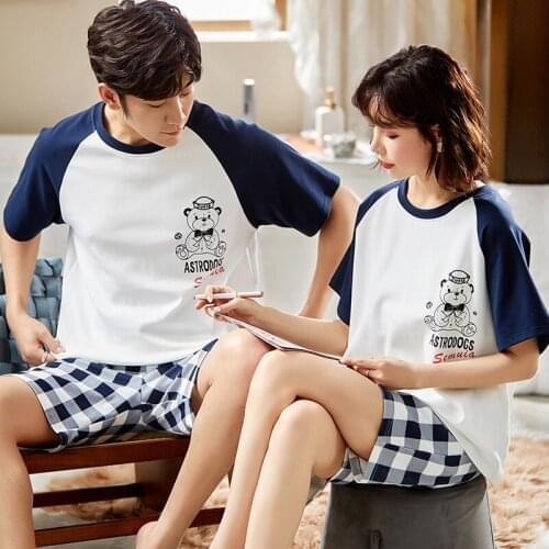 Summer Couple Pajamas Set Leisure Cotton Plus Size Mens Homewear Fashion Blue Patchwork Cartoon Short Sleeve Lovers Sleepwear