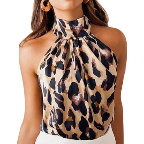 Sexy Tops Women T-Shirt Leopard Print Sleeveless Backless Vest Halter female T-Shirt Summer Girls Backless Vest Halter T-Shirt