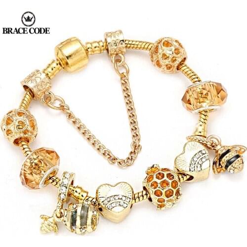 BRACE CODE Authentic Gold Color Bees Dangles Charm Bracelet White Crystal Beads Bracelet For Women Kids Birthday Gift