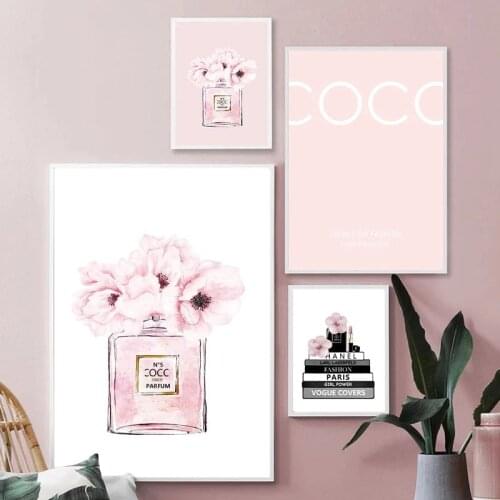 Modern Fashion Book Perfume Bottle Canvas Painting Pink Flowers Poster Coco Quotes Prints Wall Pictures Living Room Home Decor