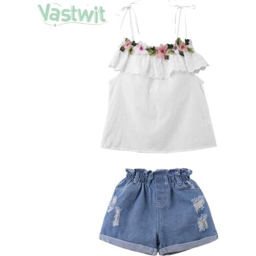 Newborn Baby Girls Off Shoulder Embroidery Flowers Ruffle Tops+Ripped Denim Shorts Pants Outfits 2Pcs Set Cotton Clothes