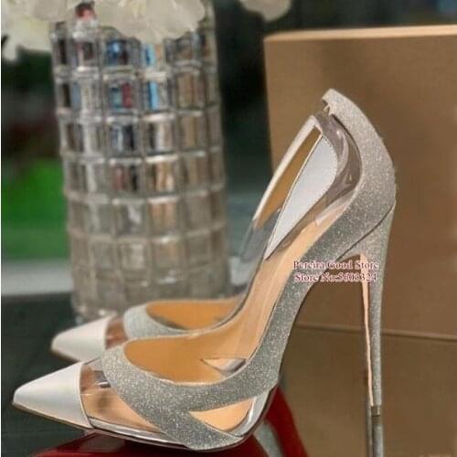Sexy Glittering Patchwork Dress Shoes Cut-out Pointed Toe Clear PVC Sequined Stiletto Heel Pumps 12CM 10CM Wedding Bride Shoes