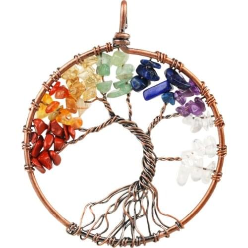 TUMBEELLUWA 1Lot (5Pc) 7 Chakra Tree of Life Wire Wrapped Chips Stone Healing Reiki Pendant Fit Necklace